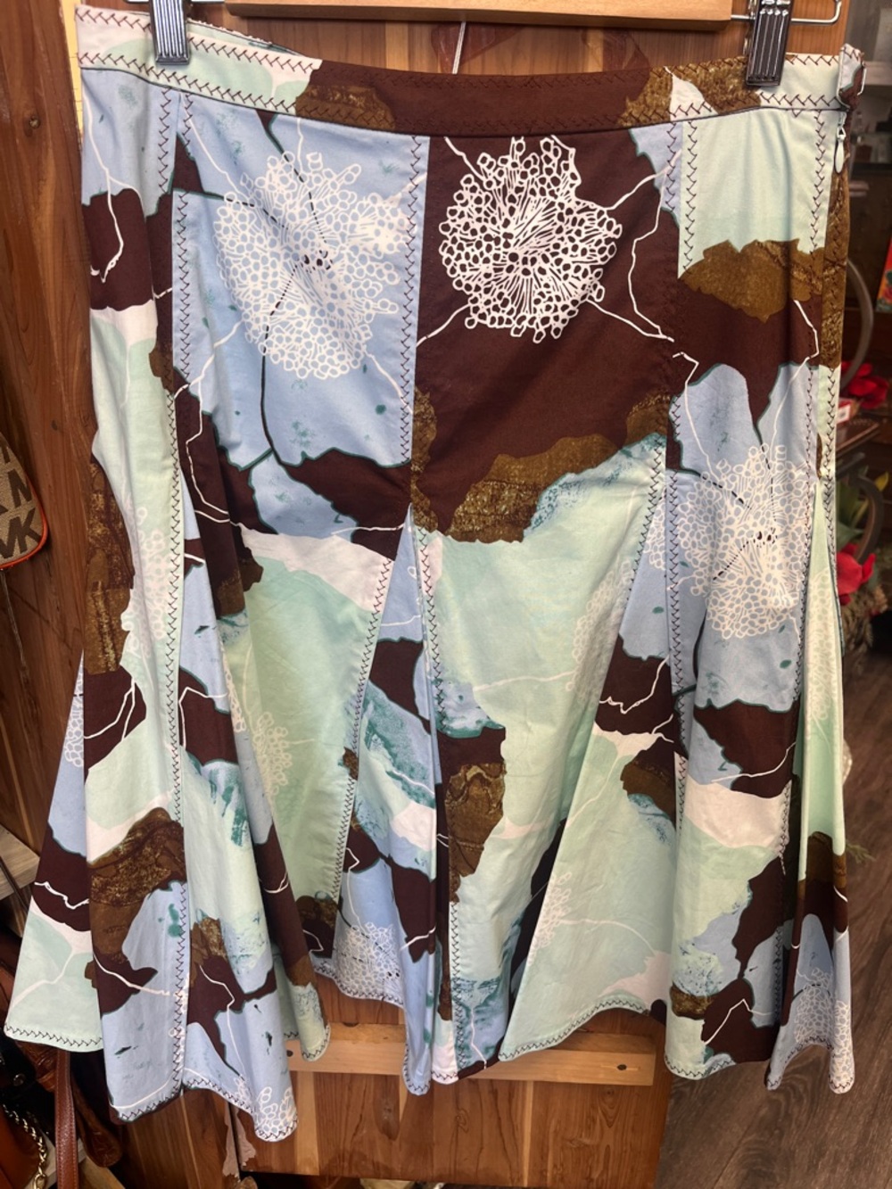 Odille Patchwork Floral A-Line Skirt in Brown, Light Blue, Mint